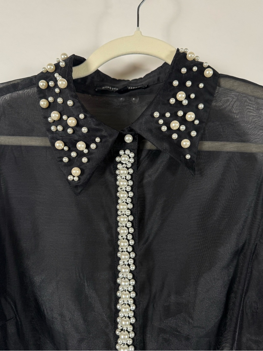 Boston Proper Black Sheer Pearl Embellished Button Down Blouse LG Goth Romantic - Picture 2 of 13